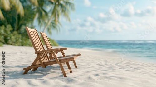 A serene beach scene featuring two wooden chairs facing the ocean, surrounded by soft sand and palm trees under a clear blue sky.