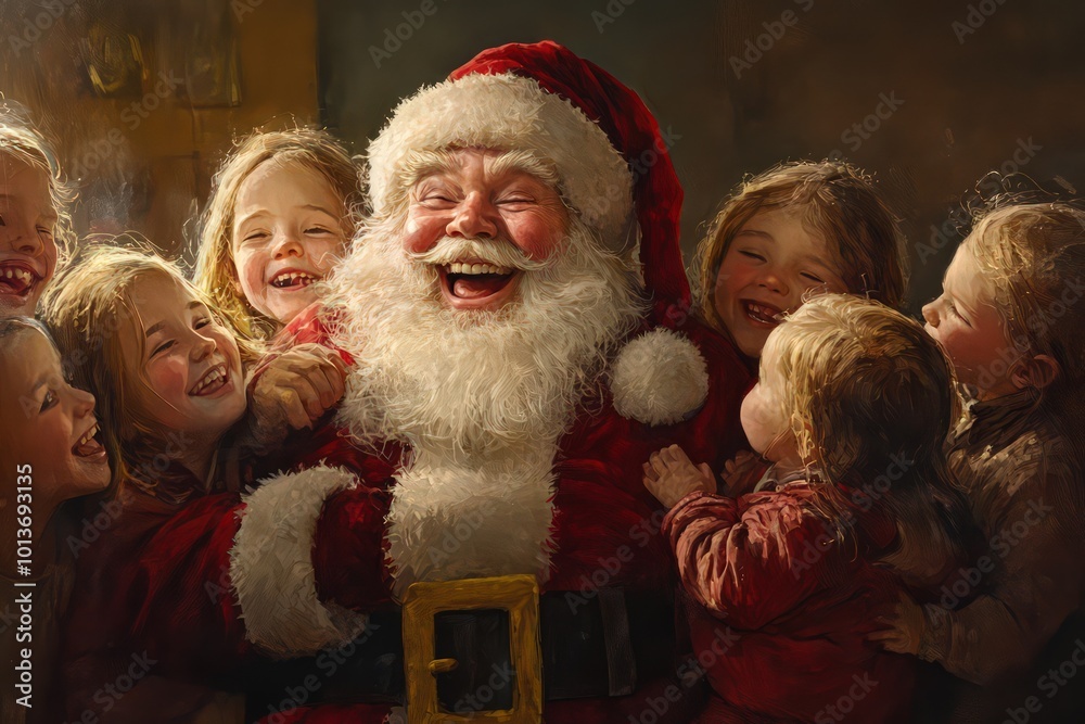 Santa Claus laughing heartily with a group of children. Santa Claus laughing heartily with a group of children.