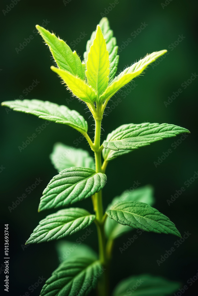 Macro shot of plant stem with symmetrical green leaves on dark background Macro shot of plant stem with symmetrical green leaves on dark background