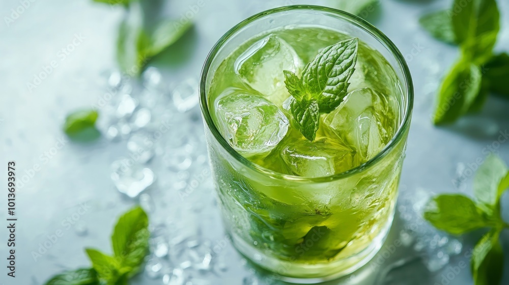 A close-up of a refreshing mint drink with ice in a glass. A close-up of a refreshing mint drink with ice in a glass.