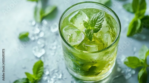 A close-up of a refreshing mint drink with ice in a glass.