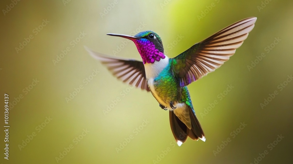 Naklejka premium Hummingbird in Flight, Vibrant Colors Against a Soft Green Background