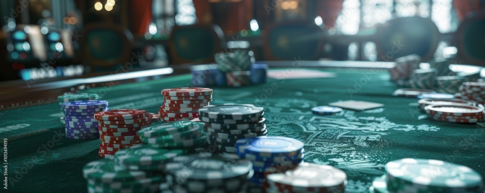 Green poker table densely covered with poker chips, 4K hyperrealistic photo Green poker table densely covered with poker chips, 4K hyperrealistic photo