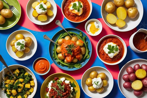 Wallpaper Mural Classic Dishes Featuring Creamy Potatoes Goat Cheese and Rich Sauces on a Colorful Background Torontodigital.ca