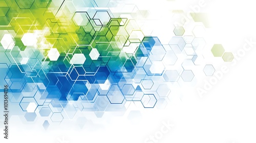 Abstract background with blue and green hexagon patterns on white background.