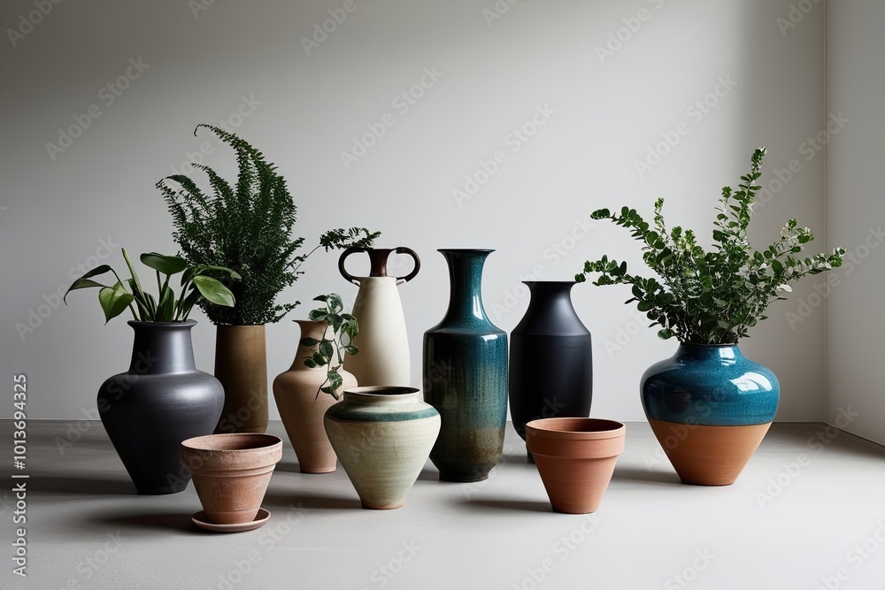 Fototapeta premium Creative Display of Vintage and Modern Vases with Handmade Plant Pots in Minimalist Decor