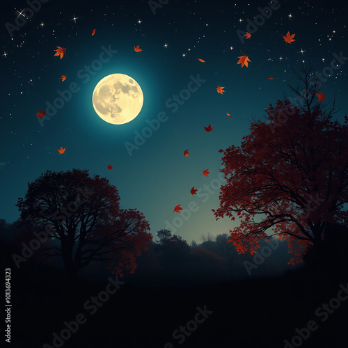 A serene night scene featuring a full moon illuminating an autumn landscape with falling leaves and a tranquil, starry sky.