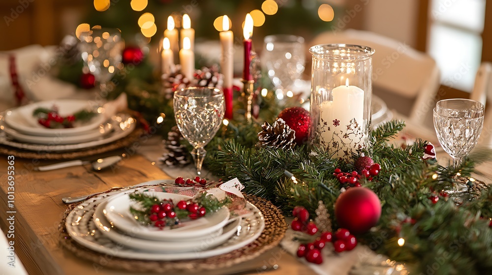 Beautifully decorated table with a Christmas-themed dinner setting, complete with candles and a holiday centerpiece. Beautifully decorated table with a Christmas-themed dinner setting, complete with candles and a holiday centerpiece.