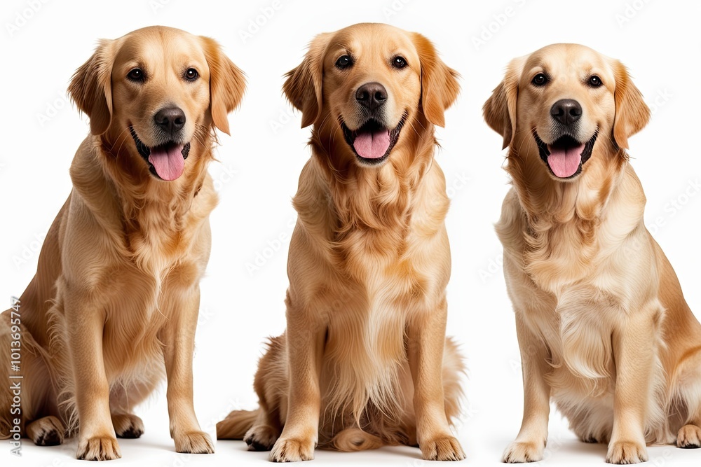 Joyful Golden Retrievers: A Set of Three Lovable Dogs in Portrait, Frolicking, and Seated Poses Isolated on White Background Joyful Golden Retrievers: A Set of Three Lovable Dogs in Portrait, Frolicking, and Seated Poses Isolated on White Background