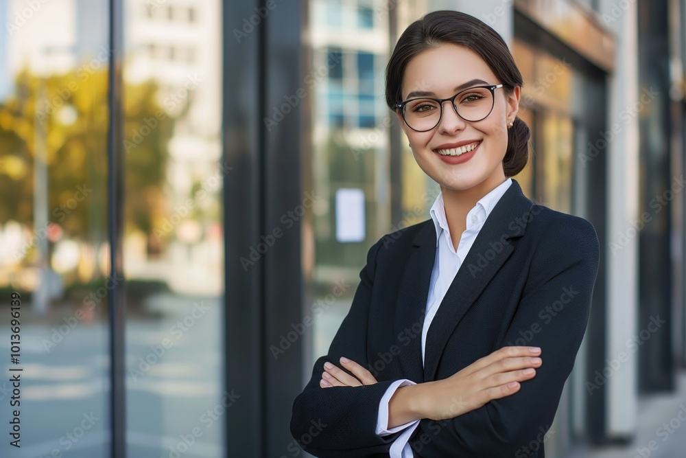 Young businesswoman in pro black suit with white shirt, glasses. Hands crossed, looking directly at camera with slight smile. Urban environment with building in background, sidewalk in front. Young businesswoman in pro black suit with white shirt, glasses. Hands crossed, looking directly at camera with slight smile. Urban environment with building in background, sidewalk in front.