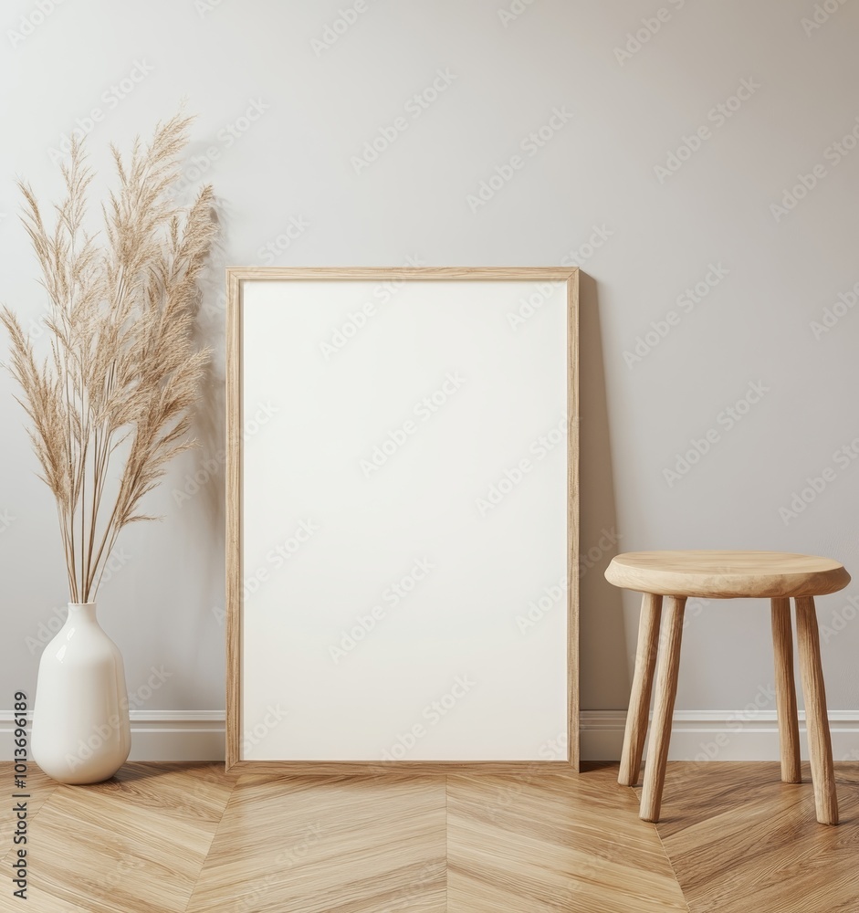 A modern, light-filled room highlights pampas grass in a vase, a wooden stool, and clean, simplistic design elements for comfort. A modern, light-filled room highlights pampas grass in a vase, a wooden stool, and clean, simplistic design elements for comfort.