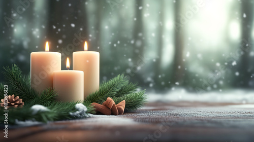 Cozy Fireplace with Candles and Evergreen Decorations