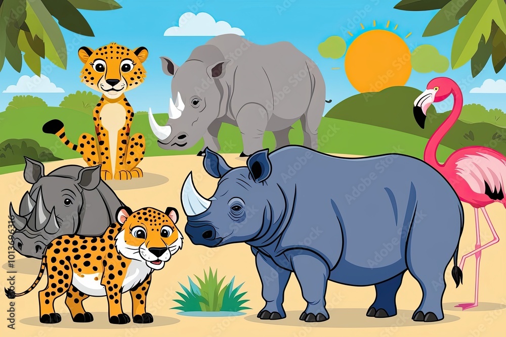 Fototapeta premium Playful Cartoon Illustrations of African Wildlife for Kids Featuring Cheetah Warthog Rhino Flamingo and Hyena
