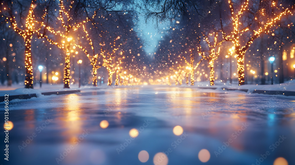 3D Glossy Ice Covered City Street with Twinkling Lights and Clear Copy Space for Urban Winter Promotions 3D Glossy Ice Covered City Street with Twinkling Lights and Clear Copy Space for Urban Winter Promotions