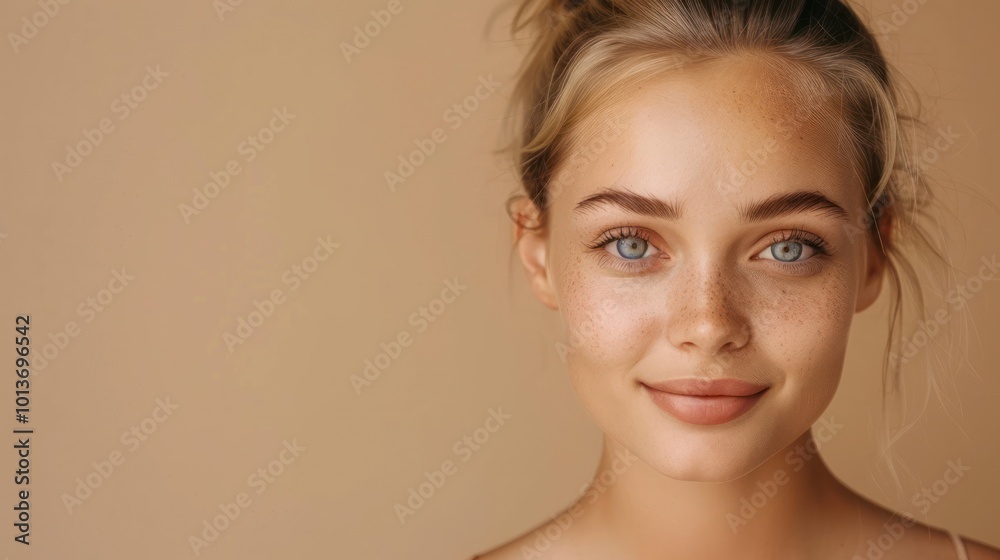 Beauty portrait of blonde natural makeup girl with clean and healthy skin on beige background Beauty portrait of blonde natural makeup girl with clean and healthy skin on beige background