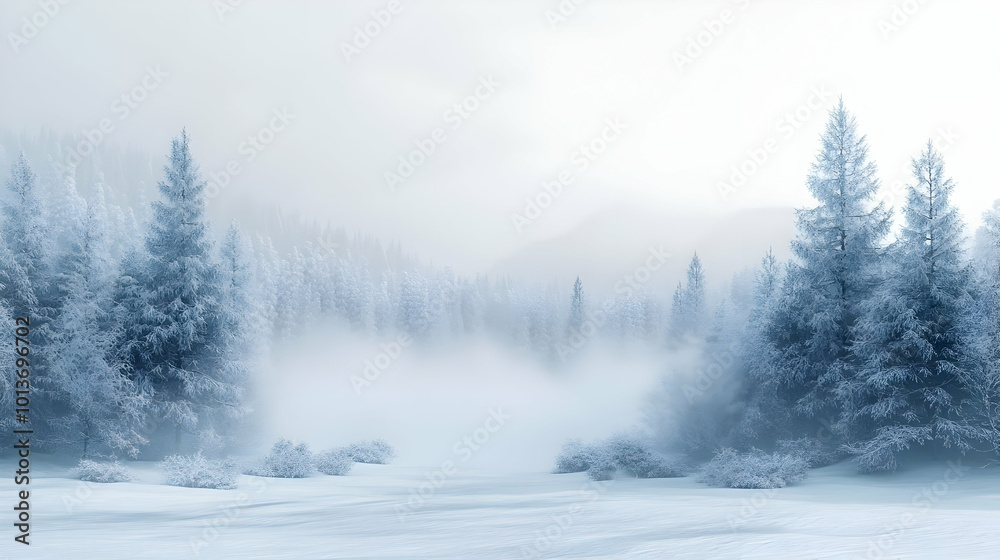 3D Plain Snowy Forest with Rising Mist and Ample Copy Space � Atmospheric Winter Background in Wide Angle Shot 3D Plain Snowy Forest with Rising Mist and Ample Copy Space � Atmospheric Winter Background in Wide Angle Shot