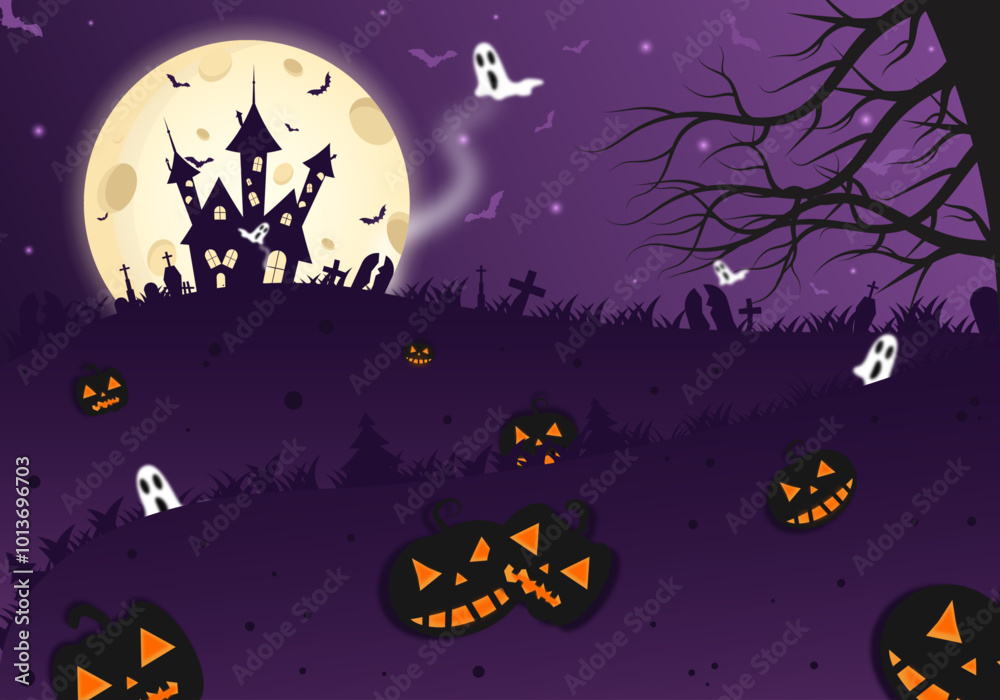 Happy Halloween trick or treat vector illustration . Halloween night sceen with bats,moon,ghosts,pumpkins,house,tombstone,cross,Scary and spooky halloween style.
