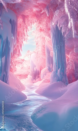 42. A mesmerizing 3D scene depicting an abstract winter environment, filled with whimsical ice sculptures and a tranquil, surreal backdrop that invites exploration