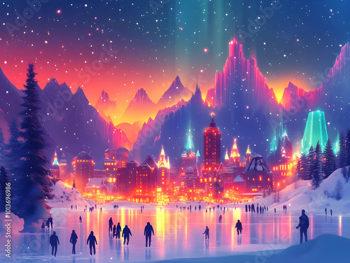 Vibrant Flat Vector Illustration of a Winter Village with Neon Ice Skaters Gliding on Frozen Lake - Futuristic   Cozy Winter Scene for Advertising
