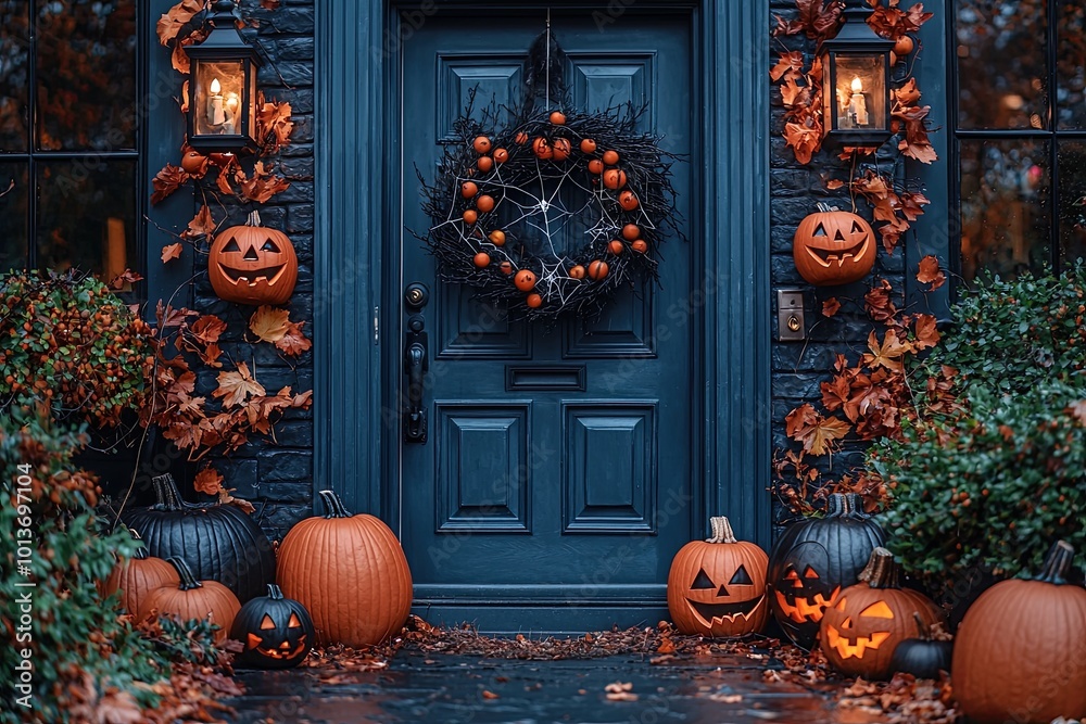 Obraz premium Halloween decorations on the front door of a house with pumpkins