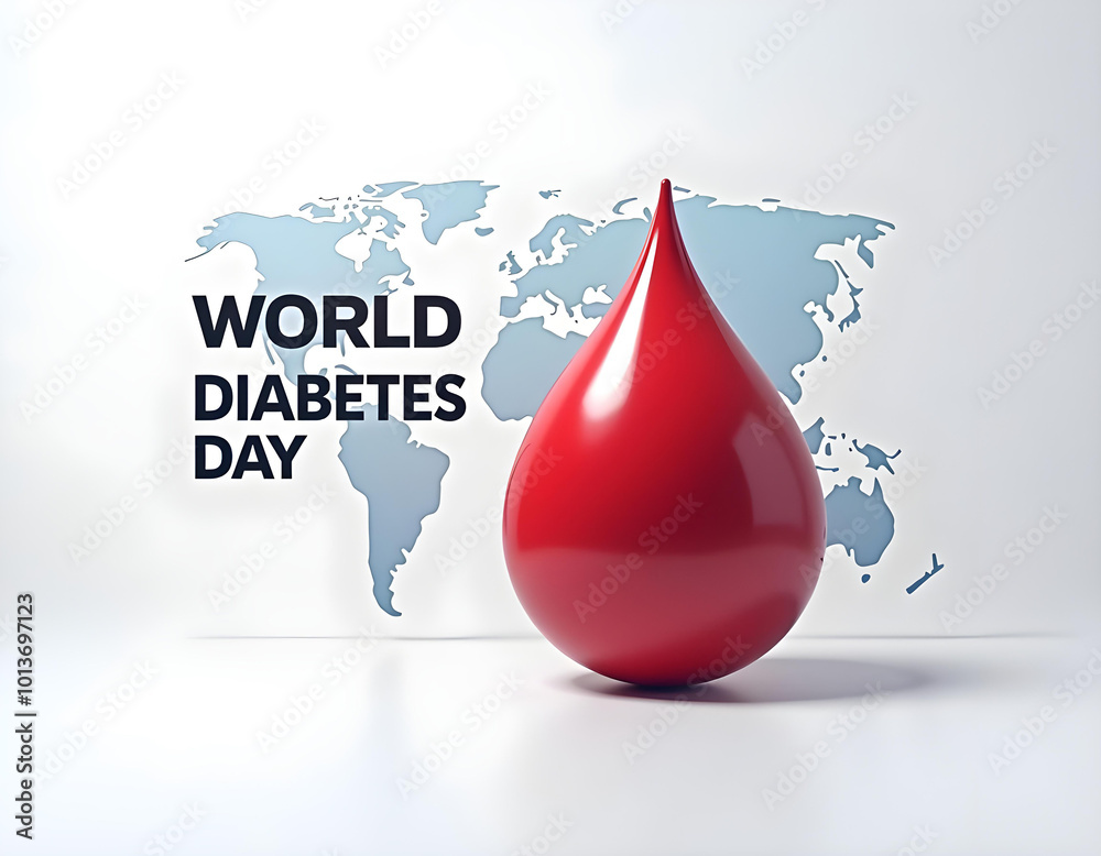 Obraz premium World Diabetes Day Awareness Design with Red Blood Drop and Blue World Map