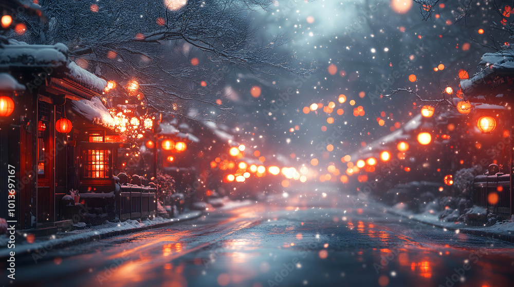 Fototapeta premium Serene Street with Softly Glowing Lanterns at Night