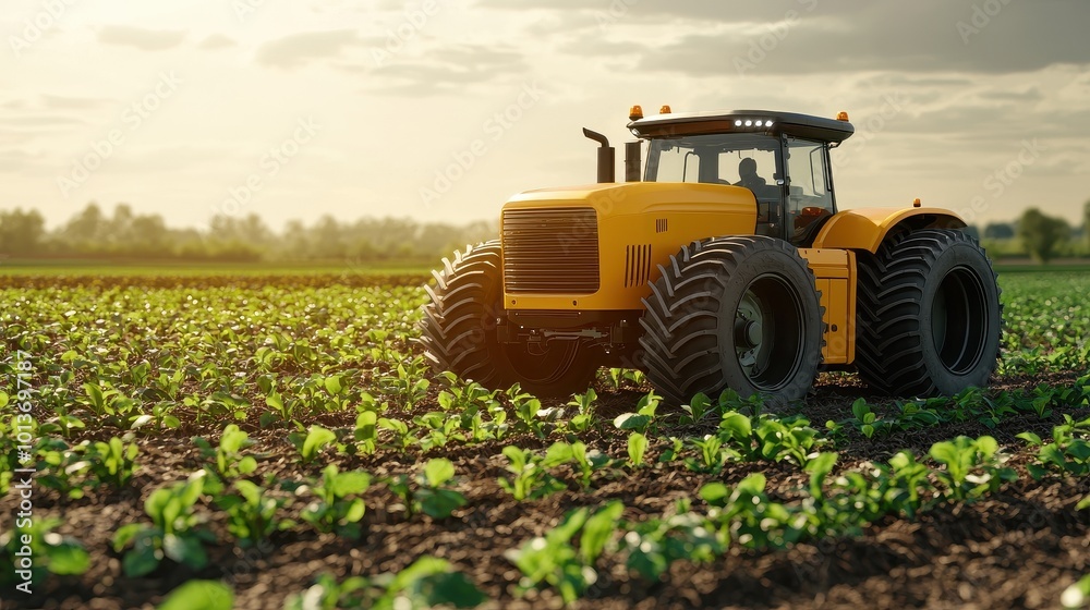 Yellow tractor working in a lush green field under a bright sun. Yellow tractor working in a lush green field under a bright sun.