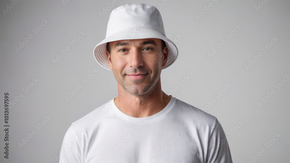 Man wearing white t-shirt and white bucket hat isolated on grey background Man wearing white t-shirt and white bucket hat isolated on grey background