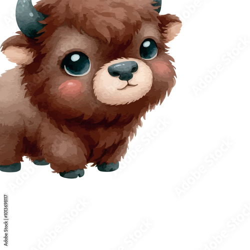  Cute Bison Watercolor Illustration on White Background