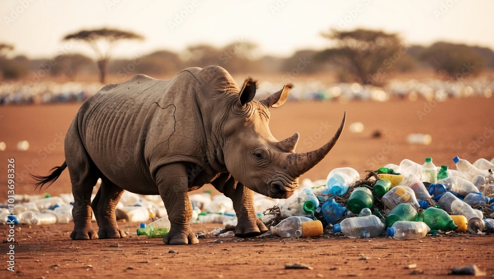 Fototapeta premium Rhino Struggling in Plastic Waste Environment
