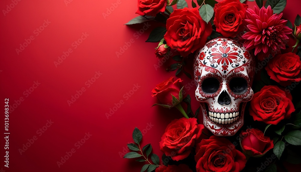 Joyful Remembrance Day of the Dead Día de los Muertos Skull Red Background Copyspace