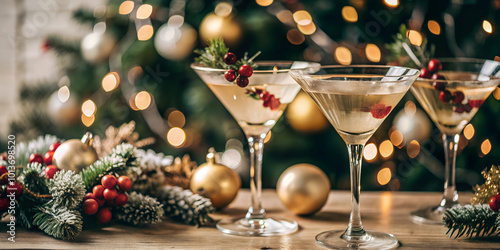 Glasses of cocktails with Christmas decoration on bokeh lights background