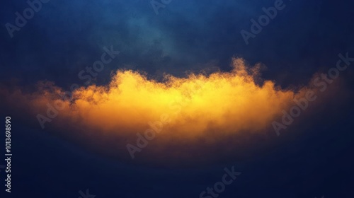 A dramatic cloud formation illuminated by warm light against a dark sky.