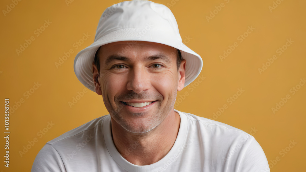 Man wearing white t-shirt and white bucket hat isolated on yellow background Man wearing white t-shirt and white bucket hat isolated on yellow background