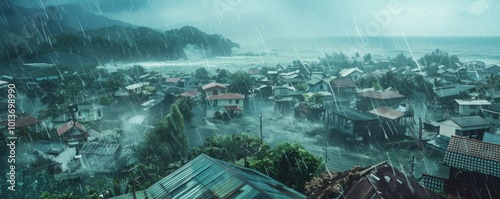 Typhoon rainbands drenching a coastal village, 4K hyperrealistic photo photo