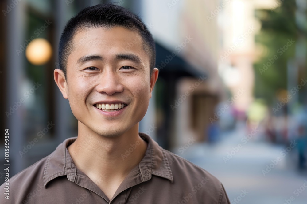Young Asian man standing confidently on city street, smiling into camera. Brown shirt, casual attire, jeans, street background with buildings. Side perspective adds depth and space. Young Asian man standing confidently on city street, smiling into camera. Brown shirt, casual attire, jeans, street background with buildings. Side perspective adds depth and space.