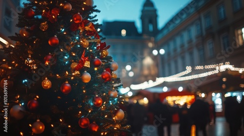Wallpaper Mural Christmas tree in a bustling city square with twinkling lights overhead. Torontodigital.ca