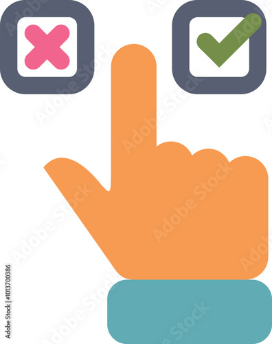 Hand is deciding between a green checkmark and a red cross in square boxes