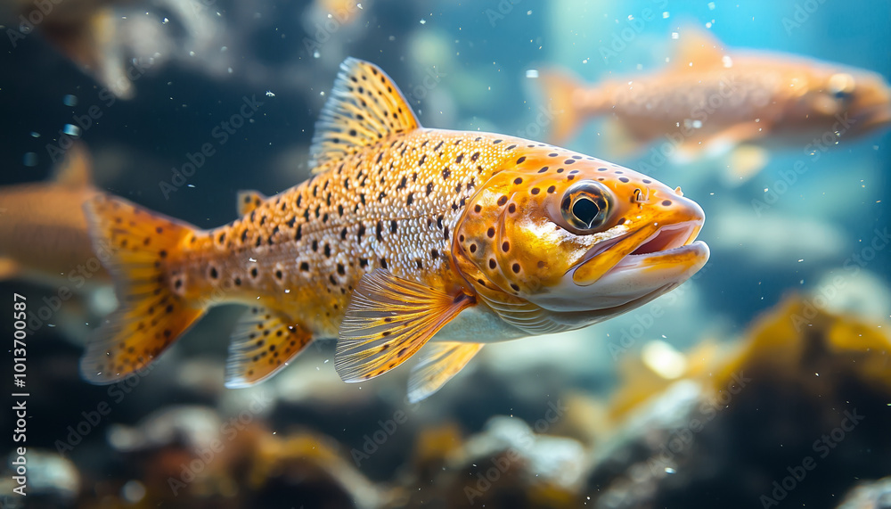 Fototapeta premium Close-up underwater shot of a vibrant speckled trout swimming in its natural habitat, showcasing its detailed scales and lively movement, ideal for nature and wildlife photography.
