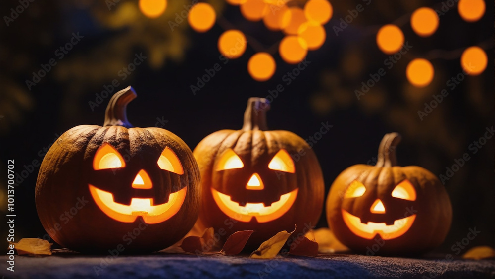 Background with halloween pumpkins, candles and autumn leaves on the wooden house porch Background with halloween pumpkins, candles and autumn leaves on the wooden house porch