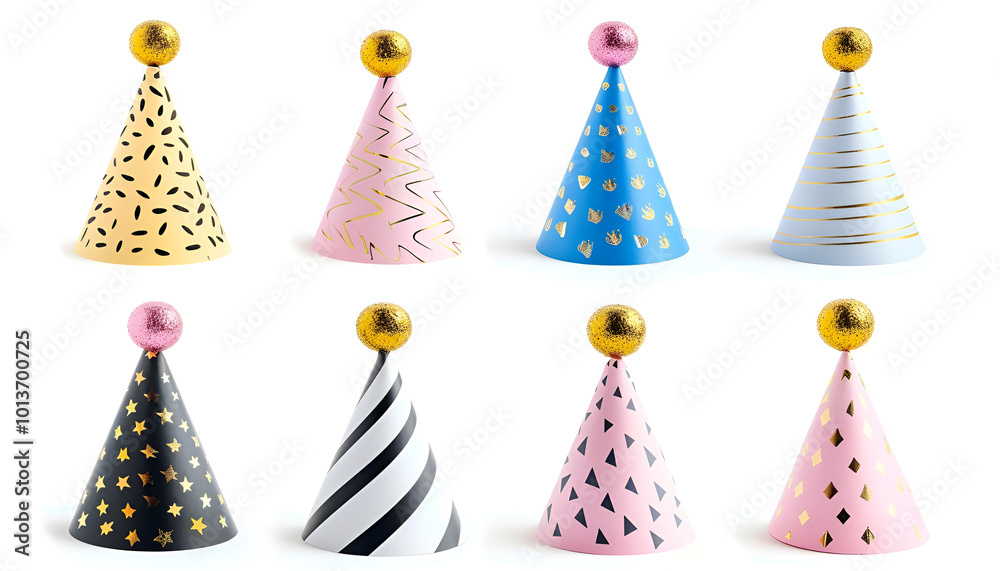 Colorful party hats isolated on white, set