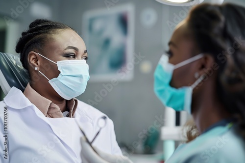 Dentist in white lab coat examines African American patient teeth with dental instrument. Female patient wears face mask. Dental chair, painting on wall in background. Healthcare professionals work