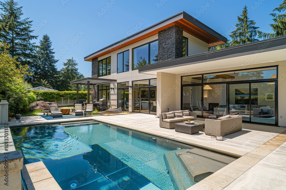 Fototapeta premium High-end modern home in Pacific Northwest with large windows, elegant pool area, and concrete patio on a sunny day.