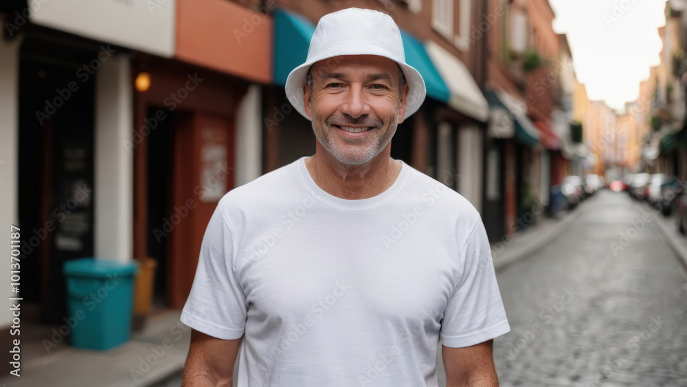 Man wearing white t-shirt and white bucket hat standing in a city alley Man wearing white t-shirt and white bucket hat standing in a city alley