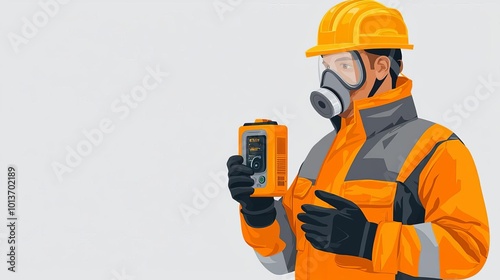 Industrial Gas Safety industrial gas safety gear, worker with gas detector, vector illustration, orange and gray, isolated on white background