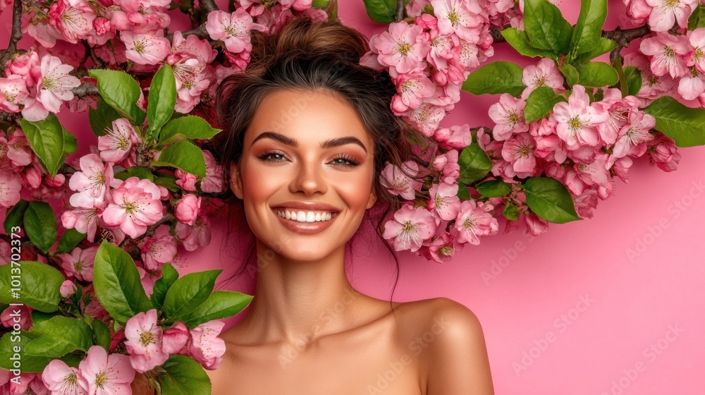 The woman showcases a warm smile while surrounded by blooming pink flowers, creating a lively and fresh atmosphere, perfect for spring. Her expression conveys happiness and beauty The woman showcases a warm smile while surrounded by blooming pink flowers, creating a lively and fresh atmosphere, perfect for spring. Her expression conveys happiness and beauty