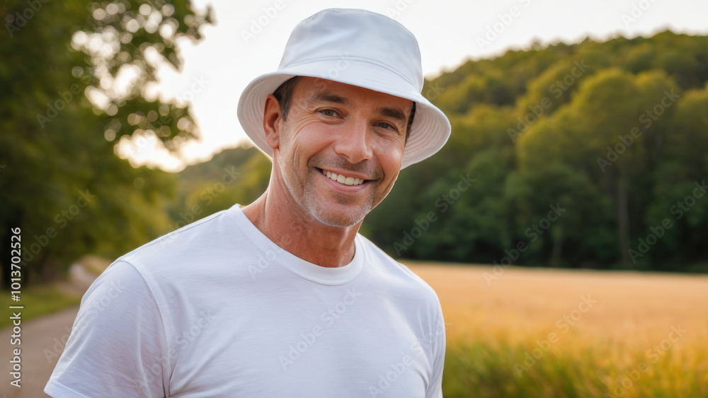 Man wearing white t-shirt and white bucket hat standing in nature Man wearing white t-shirt and white bucket hat standing in nature