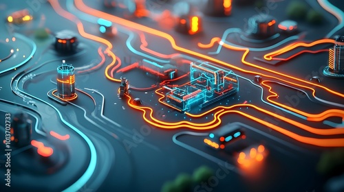 Imaginative abstract depiction of the intricate flow and linkages of a smart mobility grid futuristic cityscape with glowing neon lines and interconnected transportation systems cinematic lighting