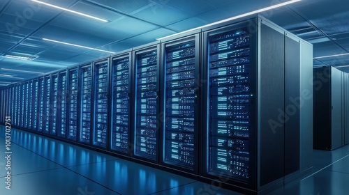 A bustling data center showcases rows of servers, each glowing with blue lights. This high-tech environment highlights advanced technology used for data storage and processing