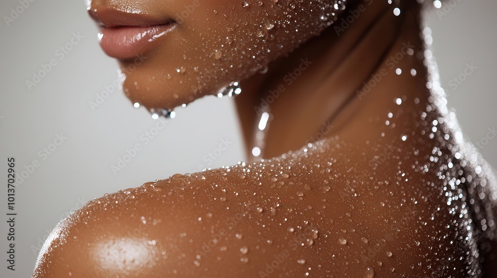A woman stands with her shoulder highlighted, beads of water creating a stunning effect, emphasizing freshness and healthy skin texture. Generative AI A woman stands with her shoulder highlighted, beads of water creating a stunning effect, emphasizing freshness and healthy skin texture. Generative AI